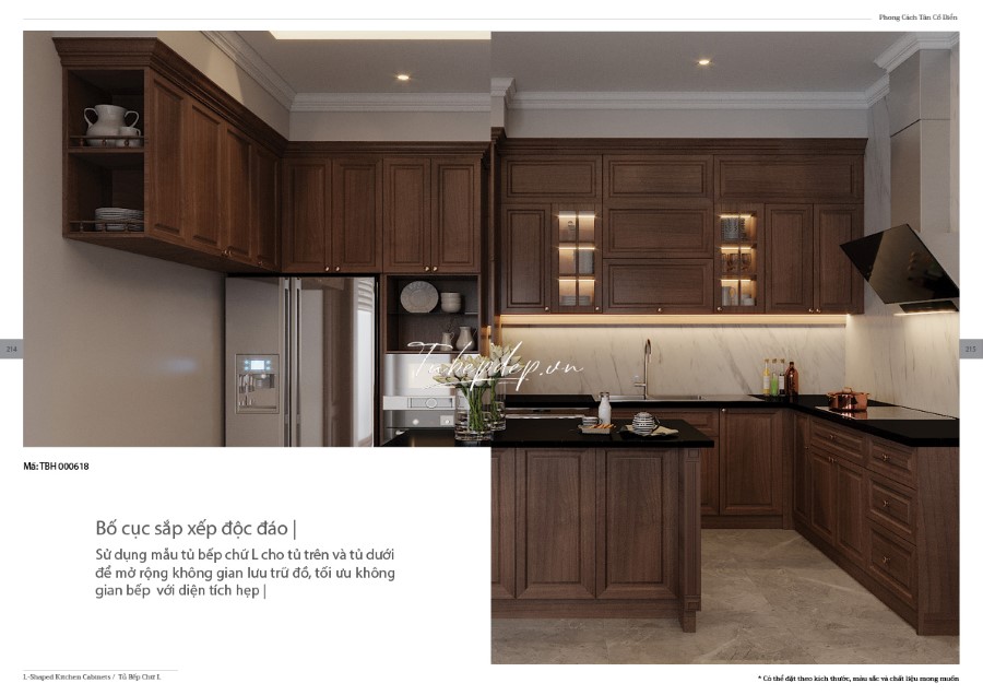 Thiết kế phòng bếp biệt thự tân cổ điển gỗ óc chó